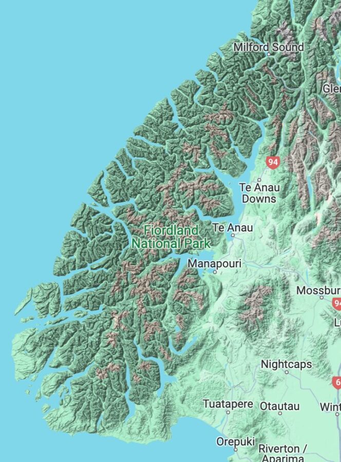 A map of Fiordland National Park, New Zealand.